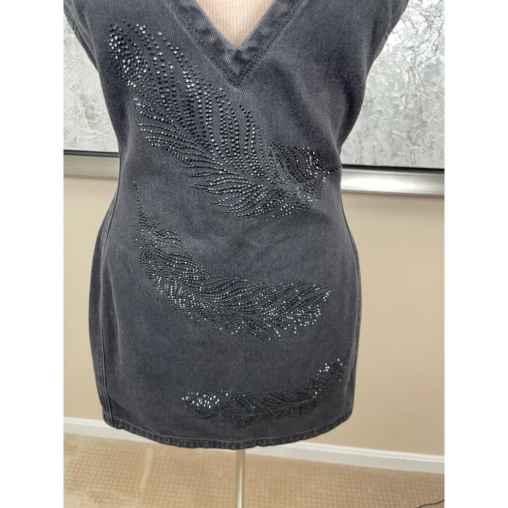 DAVID KOMA Rhinestone Feather Cami Sequin Embellished Denim Mini Dress Size 4 - Picture 4 of 8